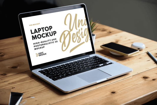 Wooden Desk Concept Laptop Mockup